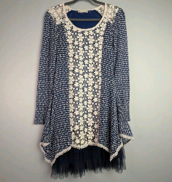 Altar'd State Dresses & Skirts - Altar'd State Babydoll Dress Women's S Blue Floral Knit Tiered Lace Long Sleeve